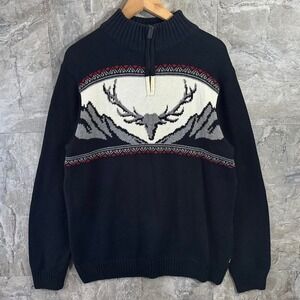 Vintage 90s Chaps Mens 1/4 Zip Black Pullover Sweater L Deer Hunting Mountain